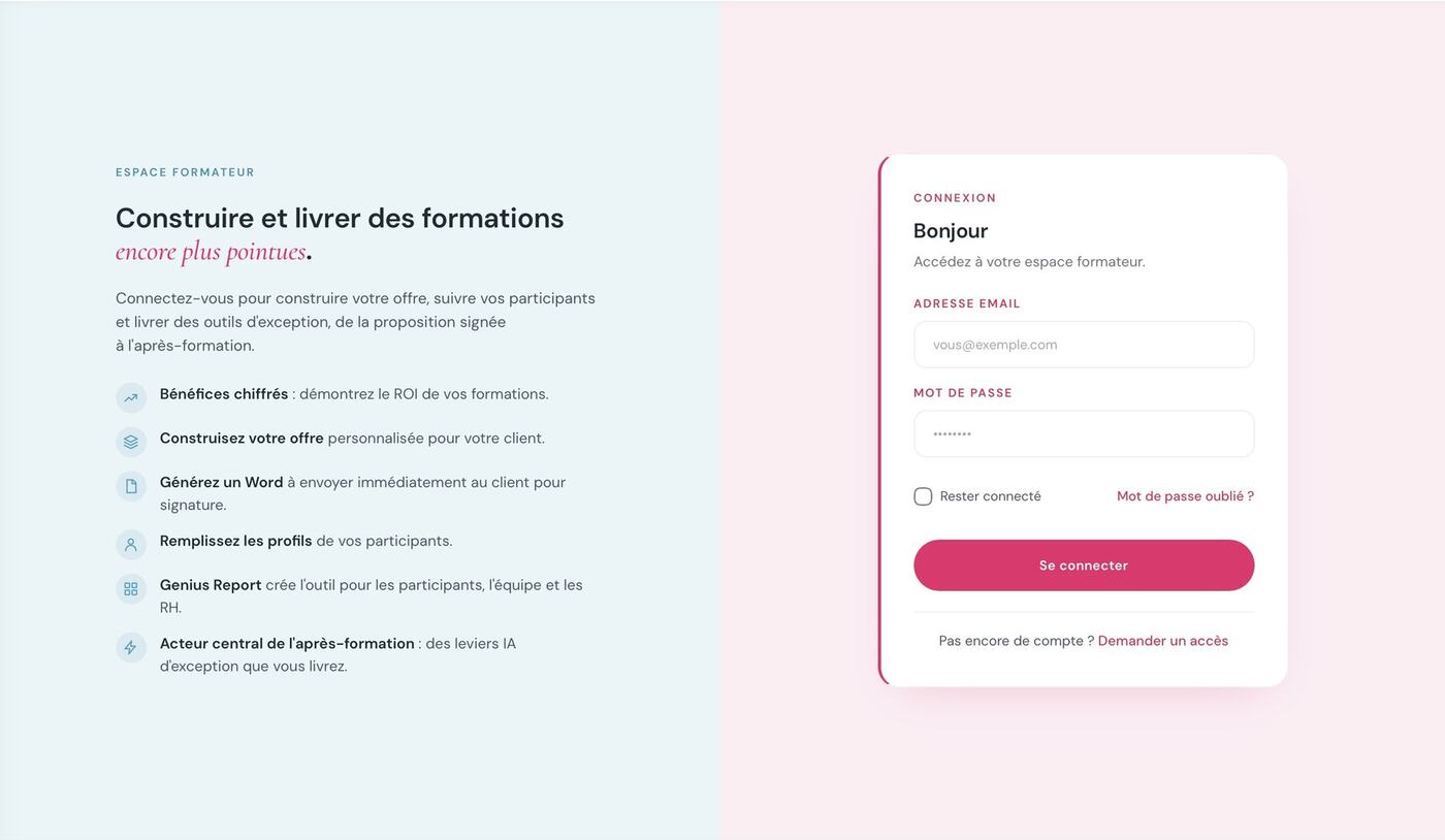 Écran de connexion à l'espace formateur GeniusFormers