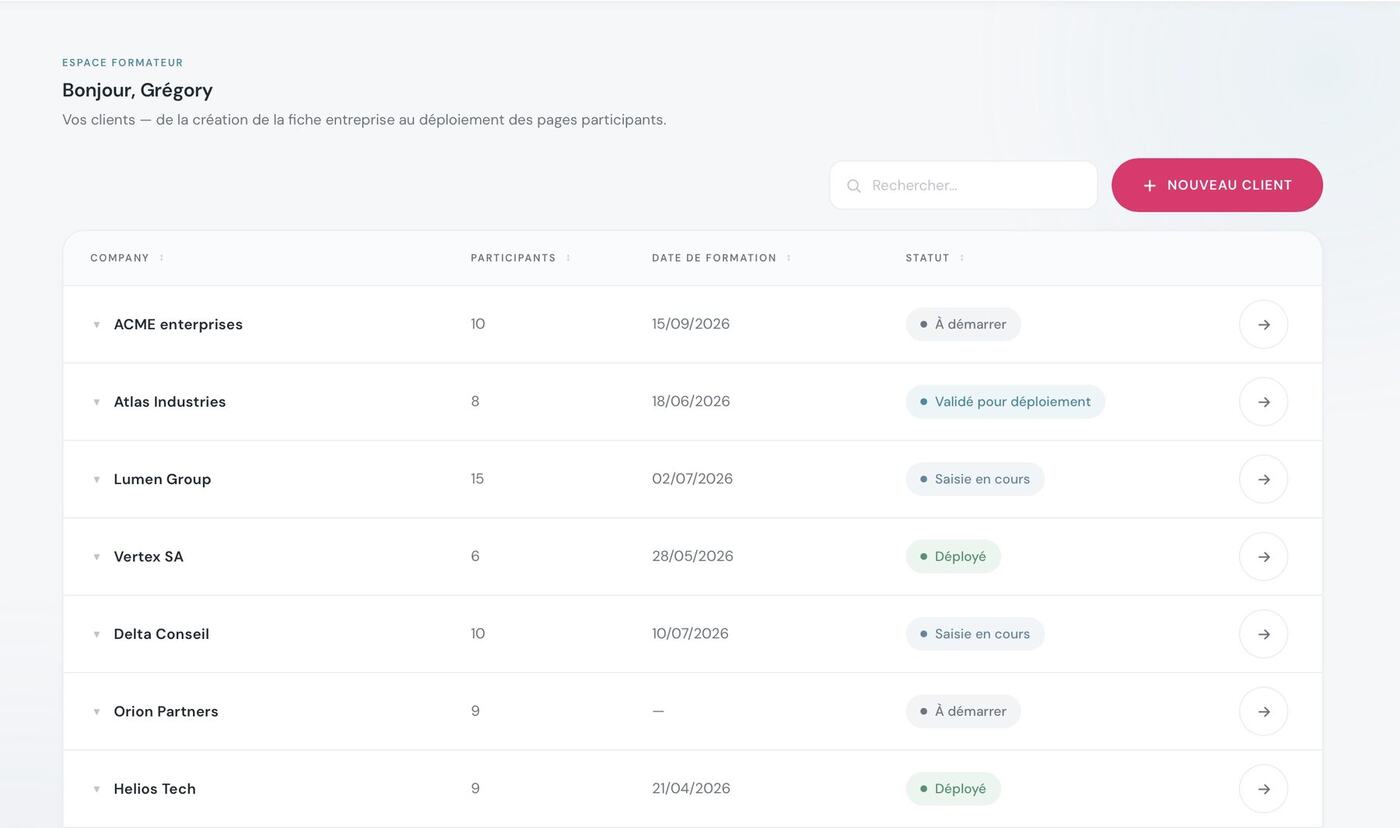 Tableau de bord formateur : liste des clients, participants, dates et statuts