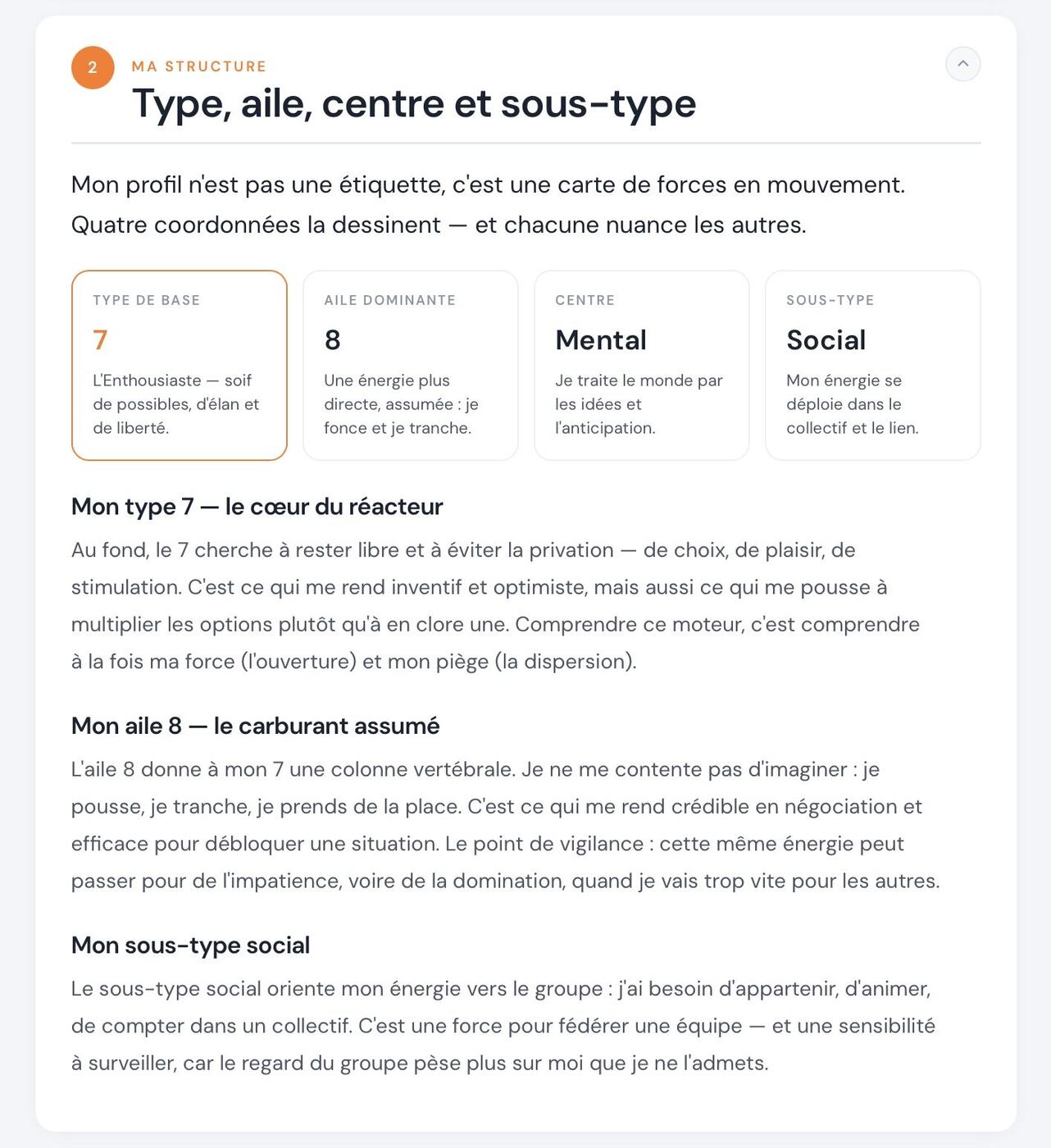 Chapitre du rapport : type, aile, centre et sous-type expliqués